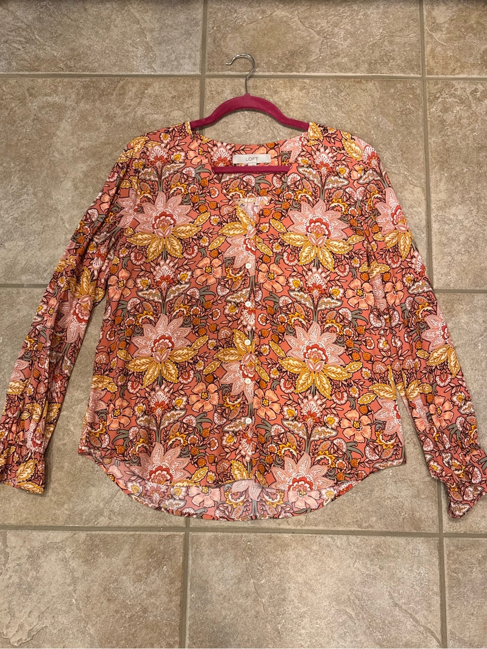 LOFT Coral Multi Floral Button-Down Long Sleeve Top